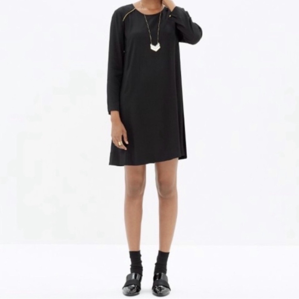 Madewell x Sézane Black Textured Long Sleeve Thelma Shift Dress Gold Trim Size 2